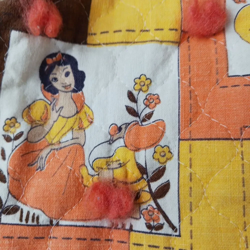 Vtg  Handmade Baby Quilt Flannel Disney Snow White Dwarfs MCM Tied